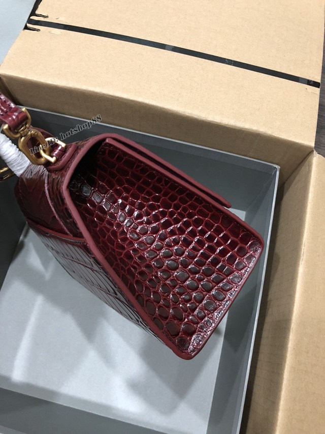 Balenciaga專櫃爆款大號手提女包 巴黎世家升級版鱷魚酒紅色金扣Hourglass沙漏包 fyj1648